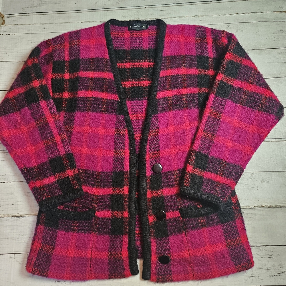 Vintage I.B. Diffusion Mohair‎ Cardigan Magenta Plaid Medium